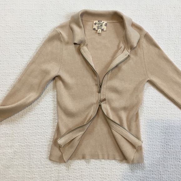 Hippie Rose Sweaters - Hippie Rose Ribbed‎ Knit Collared Double Zip Cardigan Coquette Tan Women's M